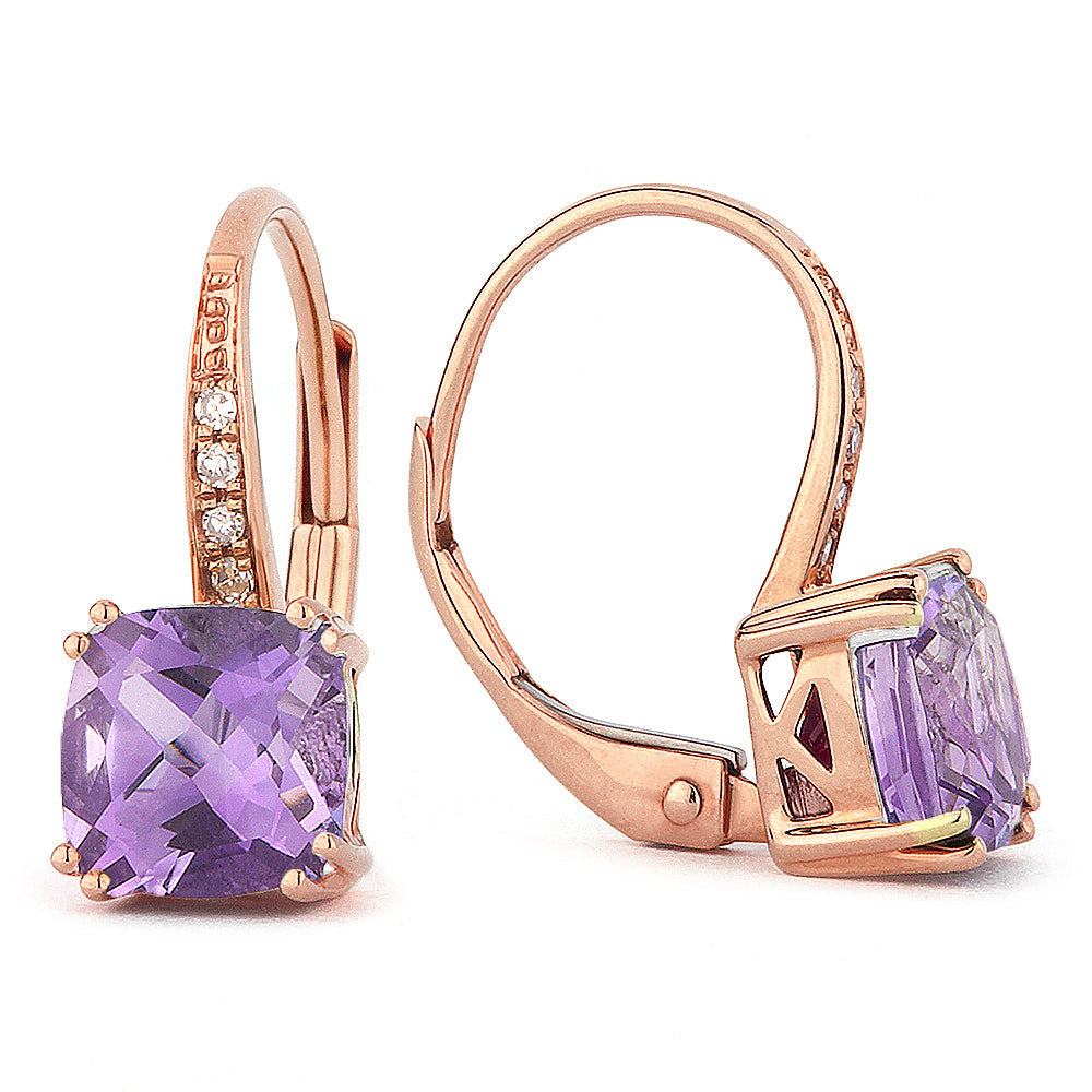 Beautiful Hand Crafted 14K Rose Gold 6MM Amethyst And Diamond Essentials Collection Drop Dangle Earrings With A Lever Back Closure