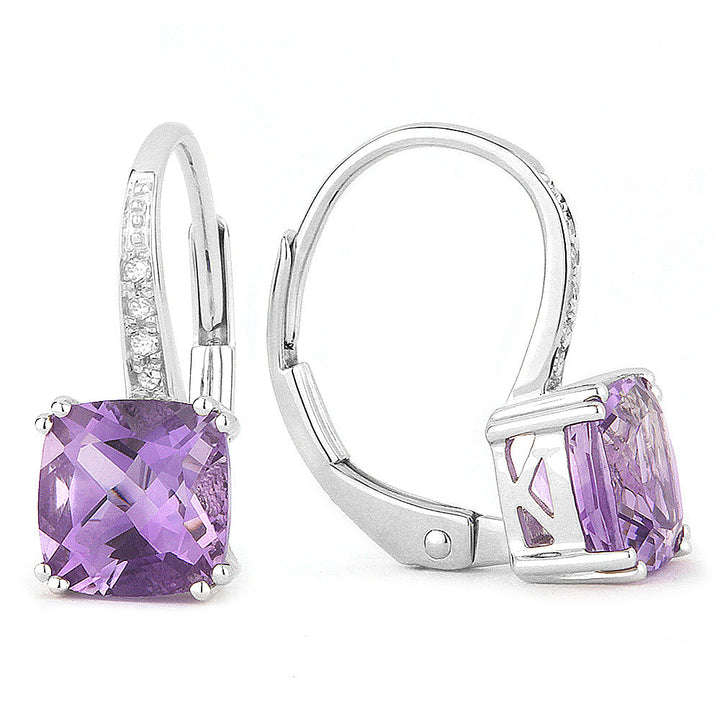 Beautiful Hand Crafted 14K White Gold 6MM Amethyst And Diamond Essentials Collection Drop Dangle Earrings With A Lever Back Closure