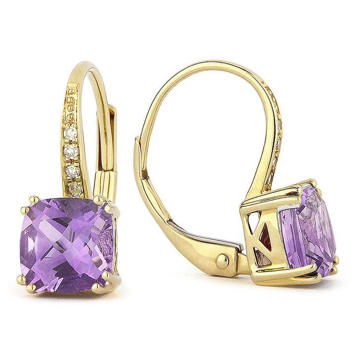 Beautiful Hand Crafted 14K Yellow Gold 6MM Amethyst And Diamond Essentials Collection Drop Dangle Earrings With A Lever Back Closure