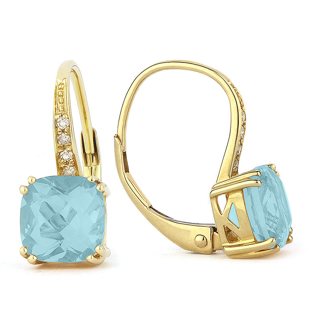 Beautiful Hand Crafted 14K Yellow Gold 6MM Aquamarine And Diamond Essentials Collection Drop Dangle Earrings With A Lever Back Closure