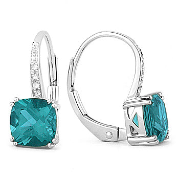 Beautiful Hand Crafted 14K White Gold 6MM Created Tourmaline Paraiba And Diamond Essentials Collection Drop Dangle Earrings With A Lever Back Closure