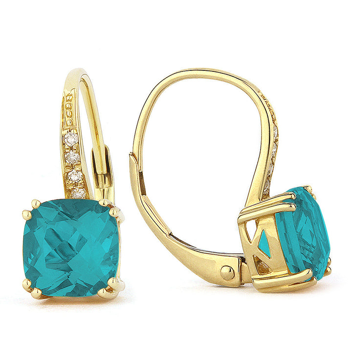 Beautiful Hand Crafted 14K Yellow Gold 6MM Created Tourmaline Paraiba And Diamond Essentials Collection Drop Dangle Earrings With A Lever Back Closure