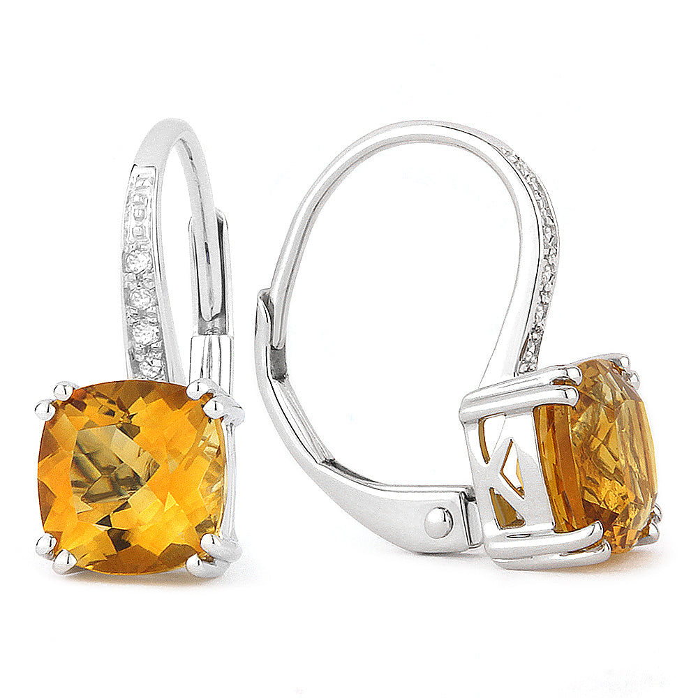 Beautiful Hand Crafted 14K White Gold 6MM Citrine And Diamond Essentials Collection Drop Dangle Earrings With A Lever Back Closure