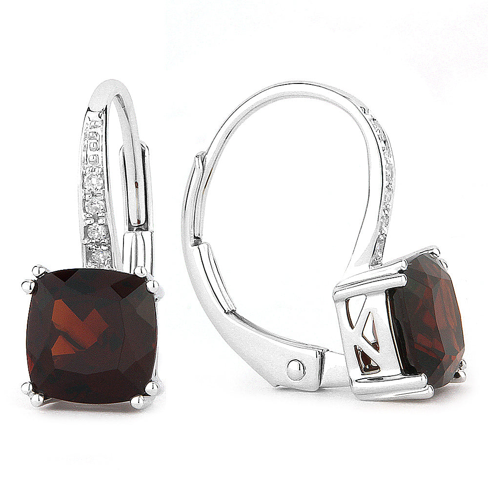 Beautiful Hand Crafted 14K White Gold 6MM Garnet And Diamond Essentials Collection Drop Dangle Earrings With A Lever Back Closure