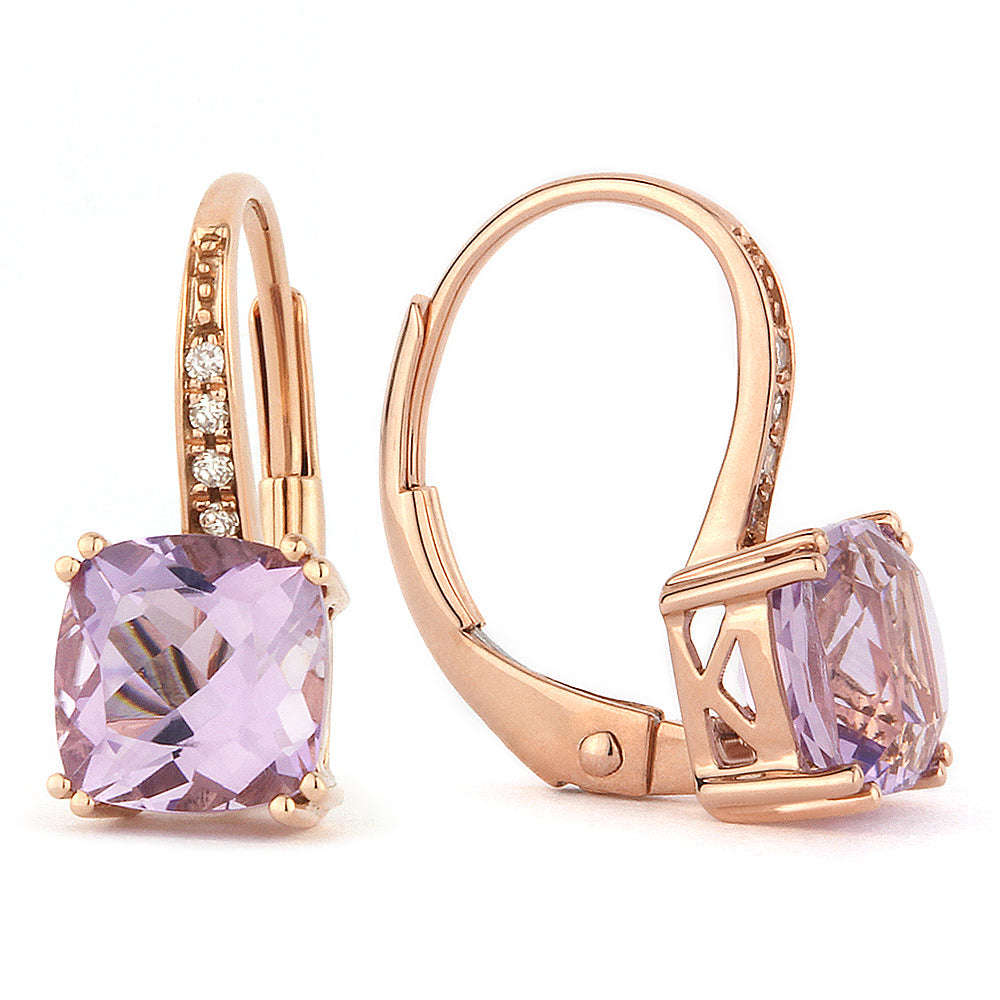 Beautiful Hand Crafted 14K Rose Gold 6MM Pink Amethyst And Diamond Essentials Collection Drop Dangle Earrings With A Lever Back Closure