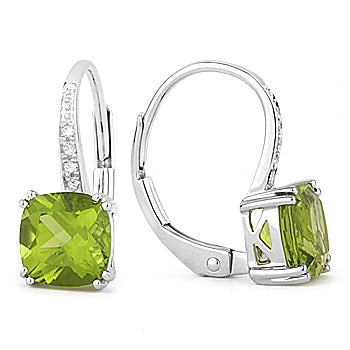 Beautiful Hand Crafted 14K White Gold 6MM Peridot And Diamond Essentials Collection Drop Dangle Earrings With A Lever Back Closure