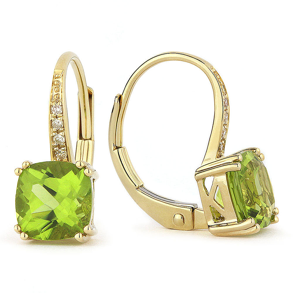 Beautiful Hand Crafted 14K Yellow Gold 6MM Peridot And Diamond Essentials Collection Drop Dangle Earrings With A Lever Back Closure