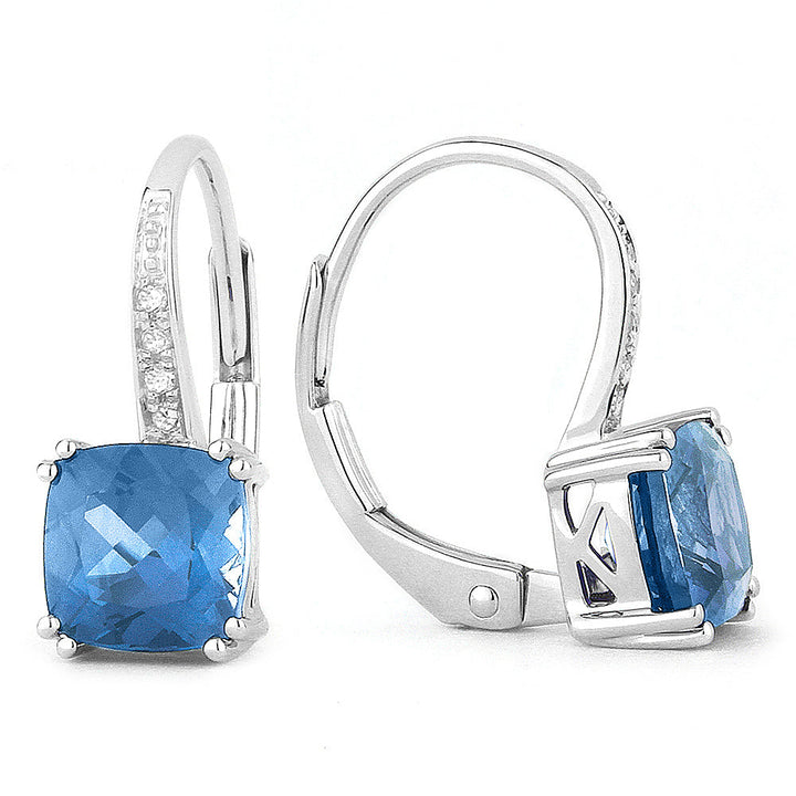 Beautiful Hand Crafted 14K White Gold 6MM Swiss Blue Topaz And Diamond Essentials Collection Drop Dangle Earrings With A Lever Back Closure