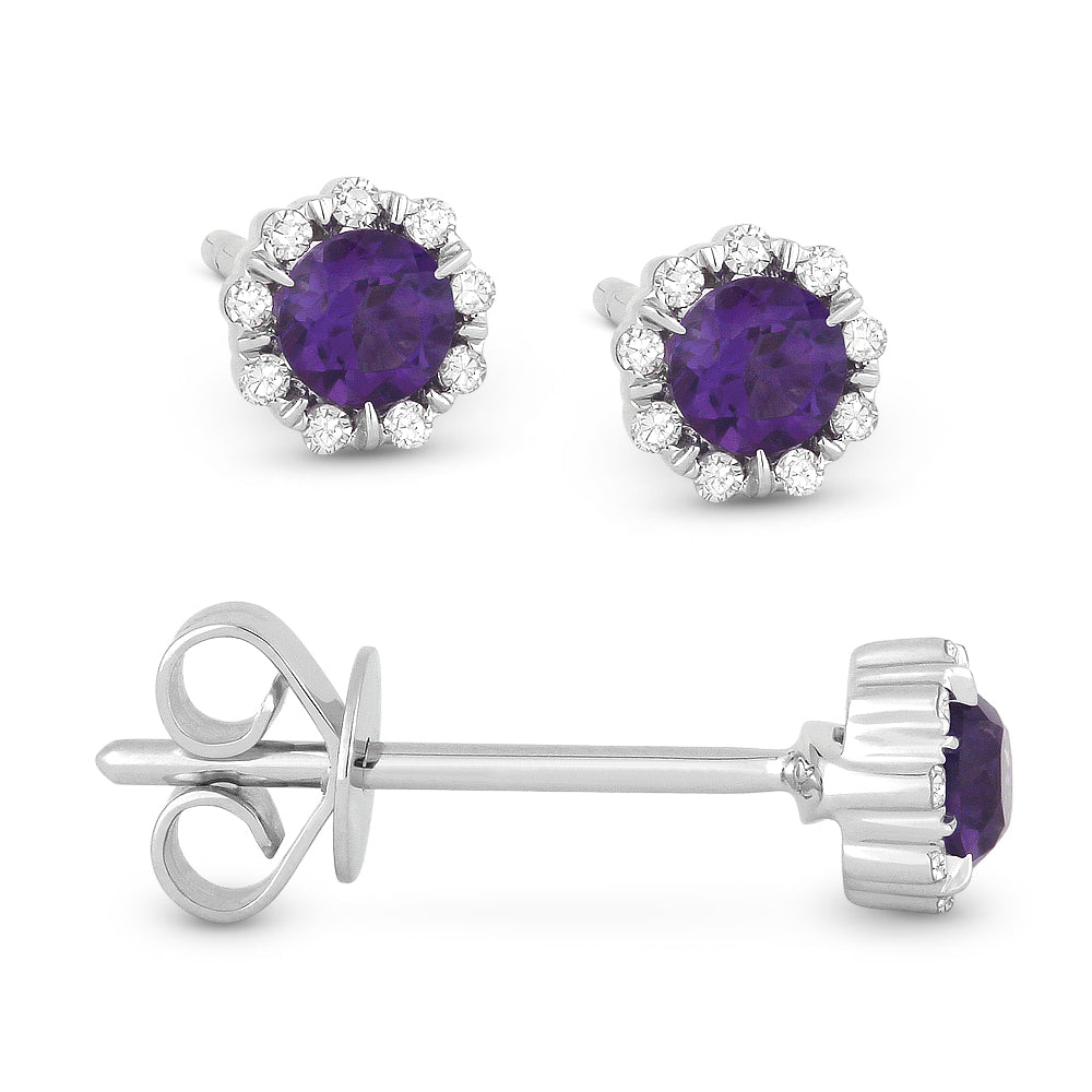 Beautiful Hand Crafted 14K White Gold 3MM Amethyst And Diamond Essentials Collection Stud Earrings With A Push Back Closure