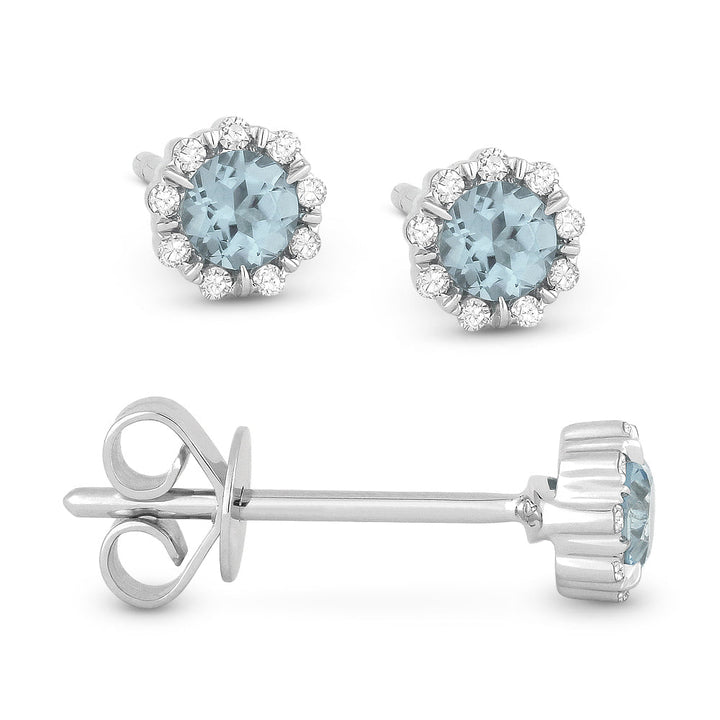 Beautiful Hand Crafted 14K White Gold 3MM Aquamarine And Diamond Essentials Collection Stud Earrings With A Push Back Closure