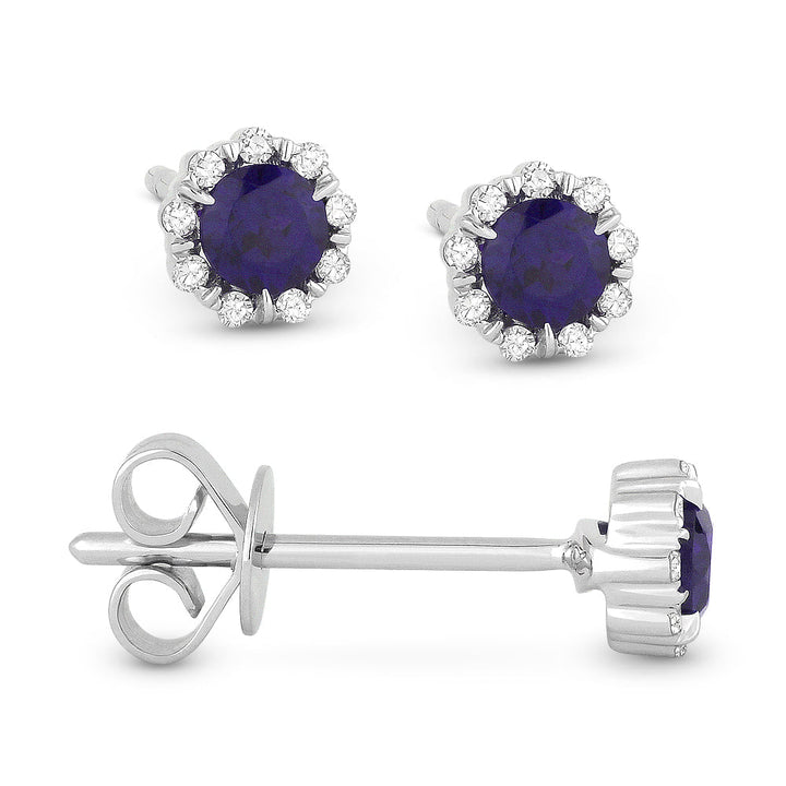 Beautiful Hand Crafted 14K White Gold 3MM Created Sapphire And Diamond Essentials Collection Stud Earrings With A Push Back Closure
