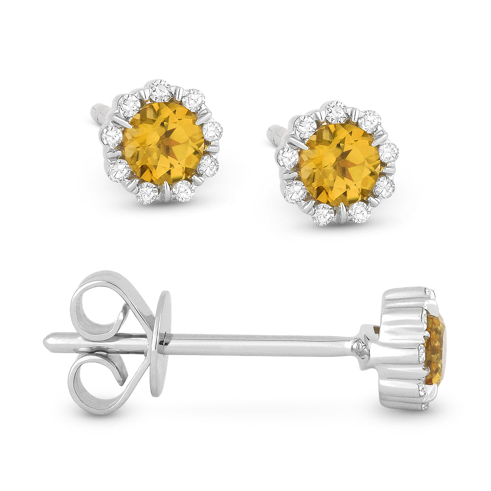 Beautiful Hand Crafted 14K White Gold 3MM Citrine And Diamond Essentials Collection Stud Earrings With A Push Back Closure
