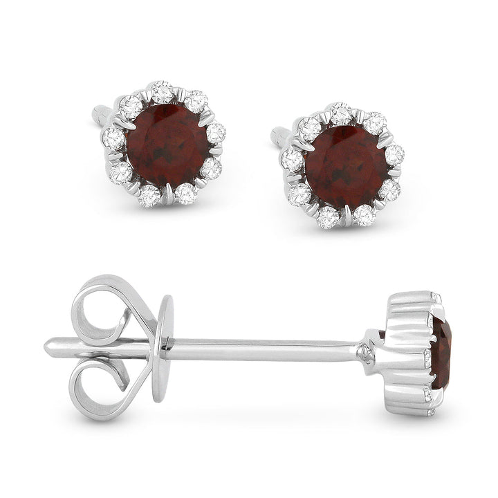 Beautiful Hand Crafted 14K White Gold 3MM Garnet And Diamond Essentials Collection Stud Earrings With A Push Back Closure
