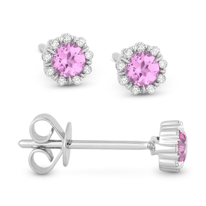 Beautiful Hand Crafted 14K White Gold 3MM Created Pink Sapphire And Diamond Essentials Collection Stud Earrings With A Push Back Closure