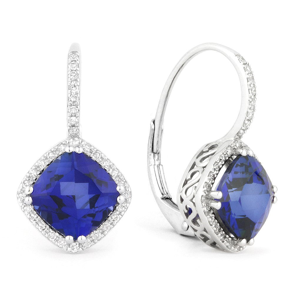 Beautiful Hand Crafted 14K White Gold 7MM Created Sapphire And Diamond Essentials Collection Drop Dangle Earrings With A Lever Back Closure