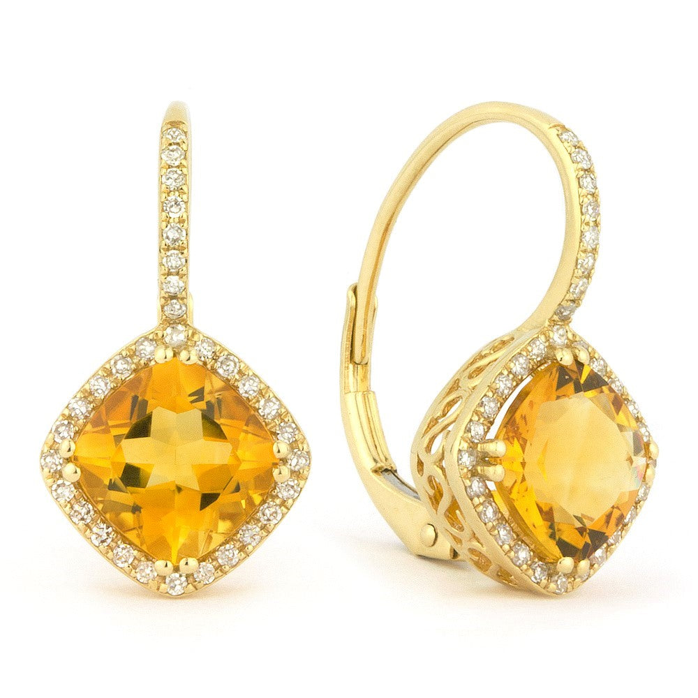 Beautiful Hand Crafted 14K Yellow Gold 7MM Citrine And Diamond Essentials Collection Drop Dangle Earrings With A Lever Back Closure