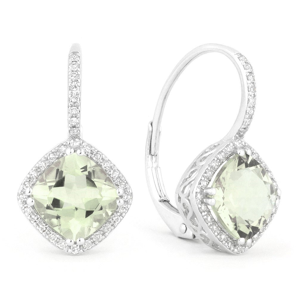 Beautiful Hand Crafted 14K White Gold 7MM Green Amethyst And Diamond Essentials Collection Drop Dangle Earrings With A Lever Back Closure