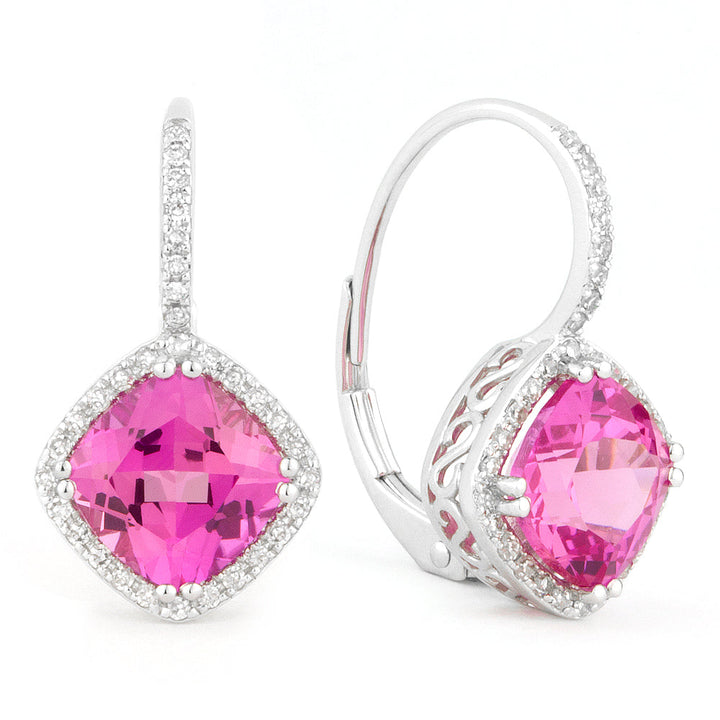 Beautiful Hand Crafted 14K White Gold 7MM Created Pink Sapphire And Diamond Essentials Collection Drop Dangle Earrings With A Lever Back Closure