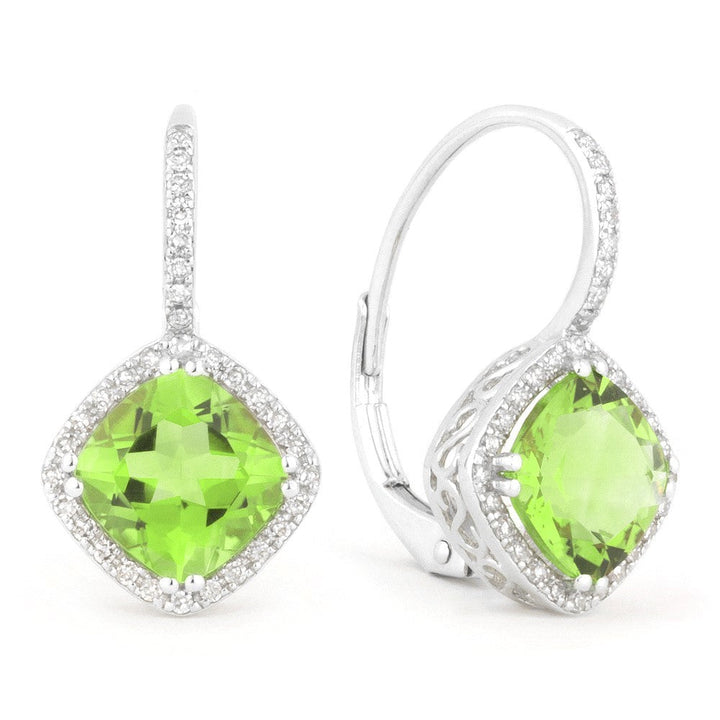 Beautiful Hand Crafted 14K White Gold 7MM Peridot And Diamond Essentials Collection Drop Dangle Earrings With A Lever Back Closure