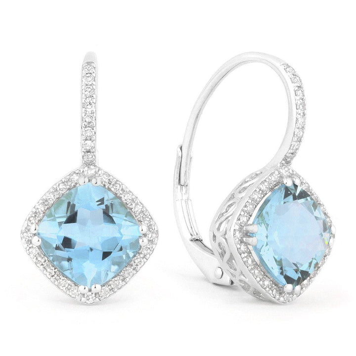 Beautiful Hand Crafted 14K White Gold 7MM Swiss Blue Topaz And Diamond Essentials Collection Drop Dangle Earrings With A Lever Back Closure