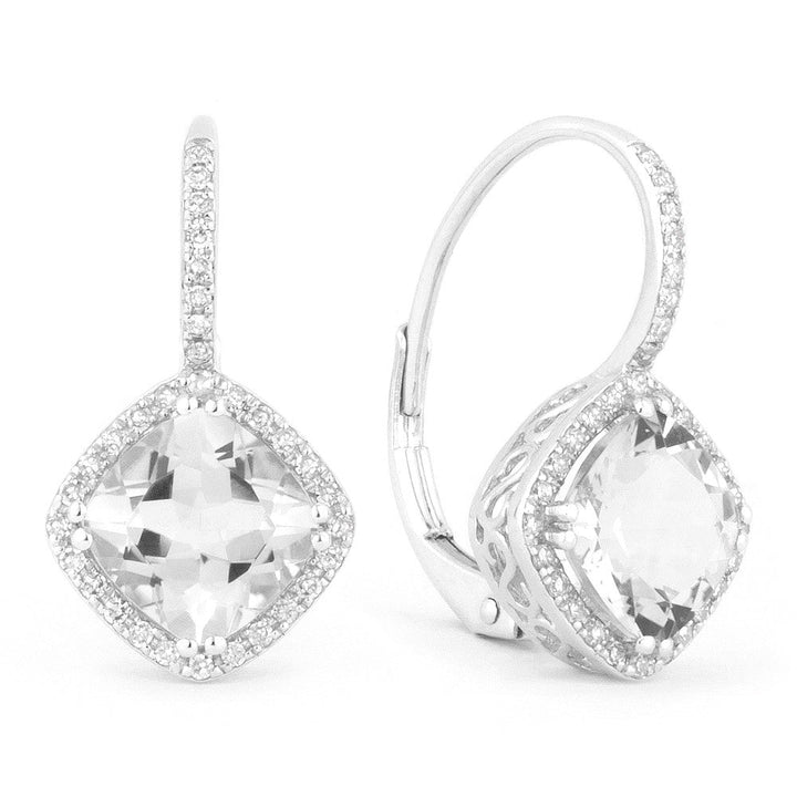 Beautiful Hand Crafted 14K White Gold 7MM White Topaz And Diamond Essentials Collection Drop Dangle Earrings With A Lever Back Closure