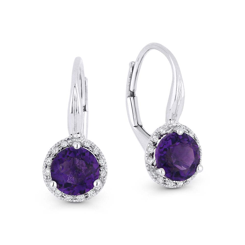 Beautiful Hand Crafted 14K White Gold 6MM Amethyst And Diamond Eclectica Collection Drop Dangle Earrings With A Lever Back Closure