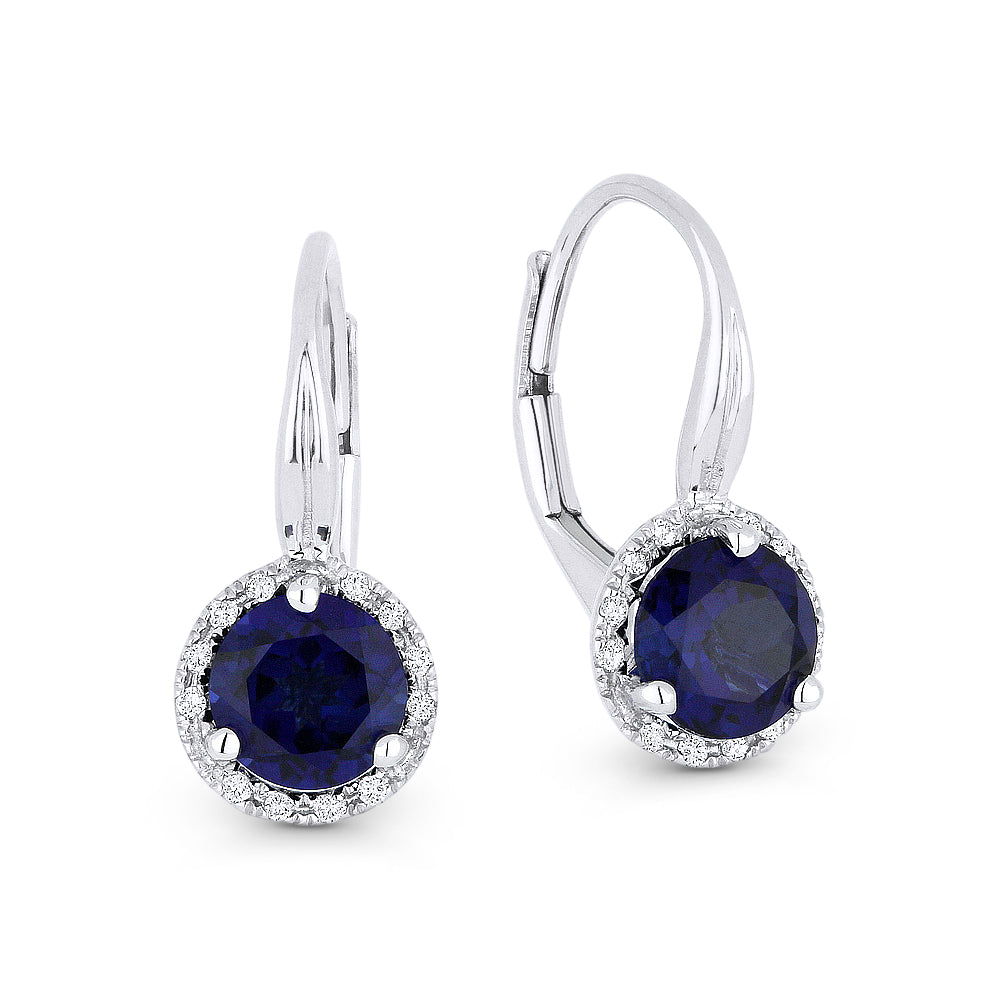 Beautiful Hand Crafted 14K White Gold 6MM Created Sapphire And Diamond Eclectica Collection Drop Dangle Earrings With A Lever Back Closure