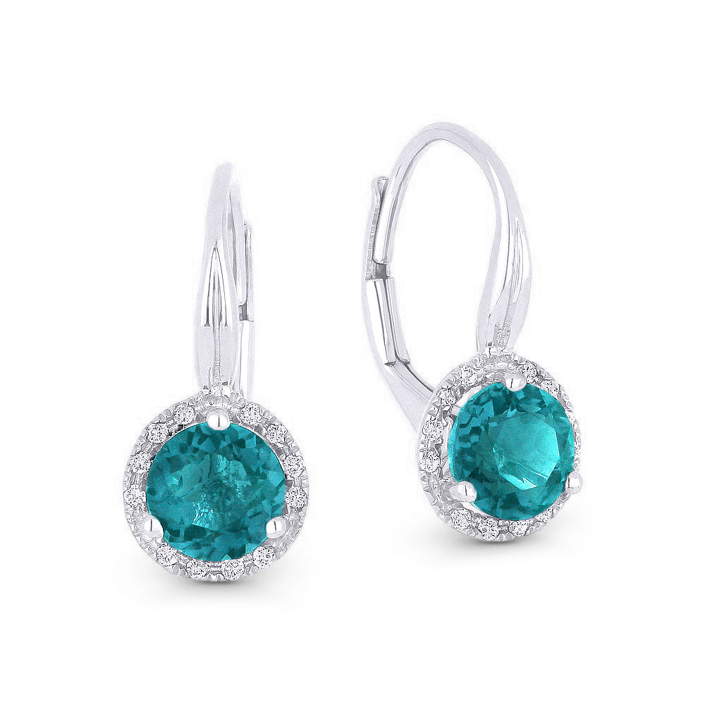 Beautiful Hand Crafted 14K White Gold 6MM Created Tourmaline Paraiba And Diamond Eclectica Collection Drop Dangle Earrings With A Lever Back Closure