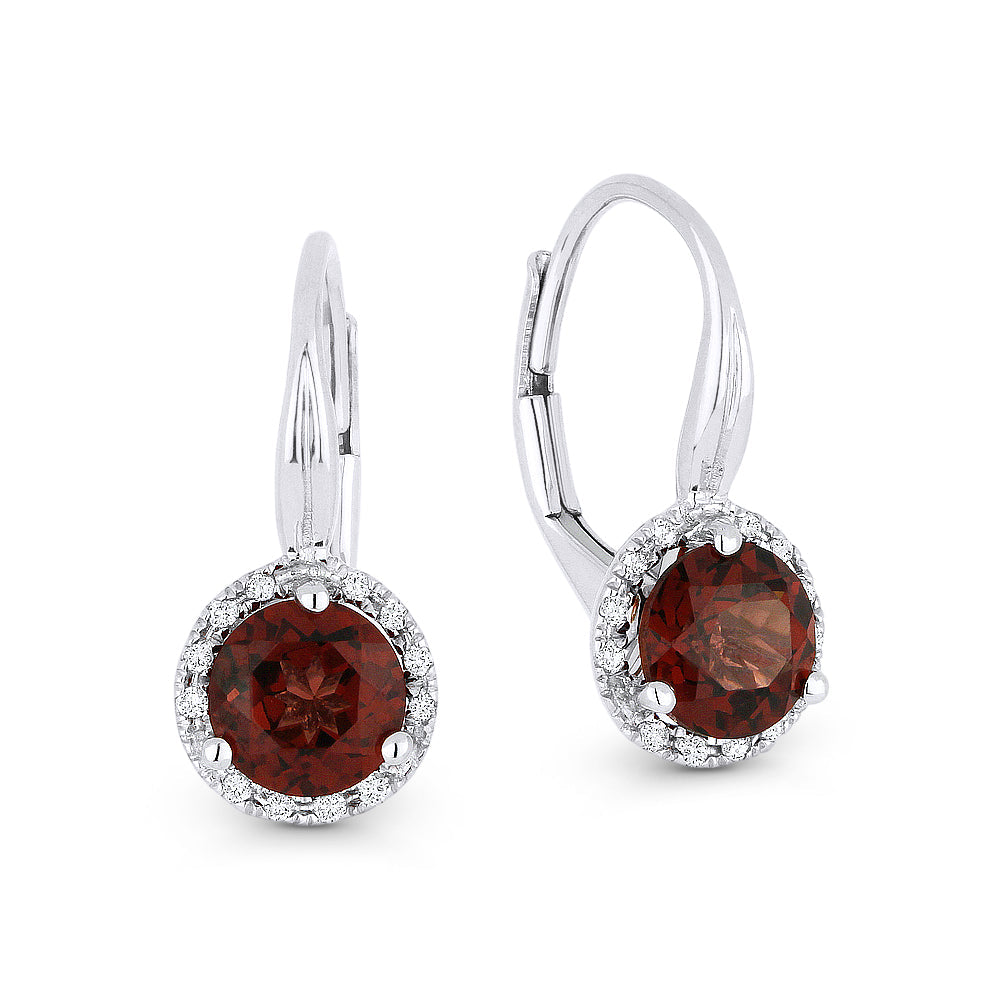 Beautiful Hand Crafted 14K White Gold 6MM Garnet And Diamond Eclectica Collection Drop Dangle Earrings With A Lever Back Closure