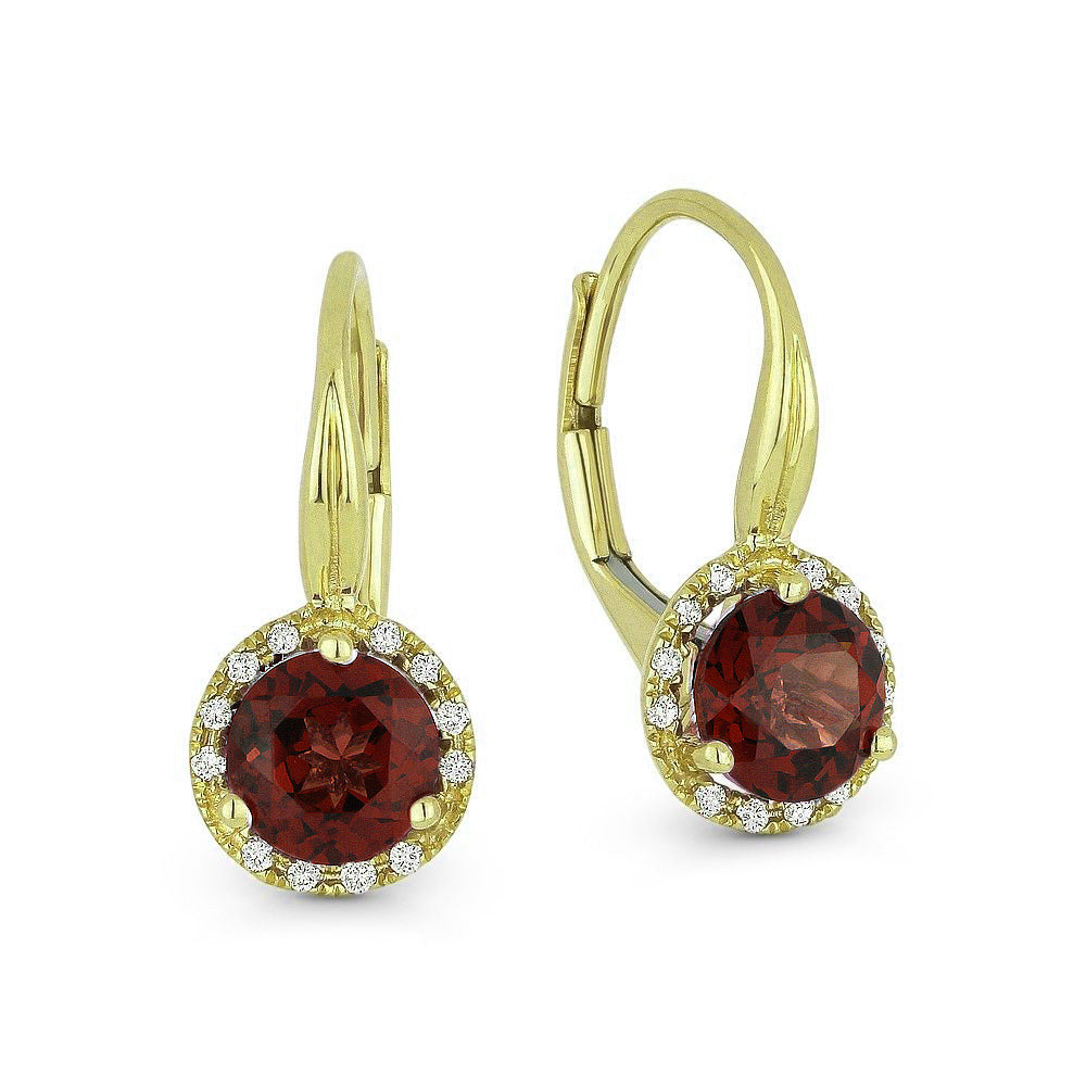 Beautiful Hand Crafted 14K Yellow Gold 6MM Garnet And Diamond Eclectica Collection Drop Dangle Earrings With A Lever Back Closure