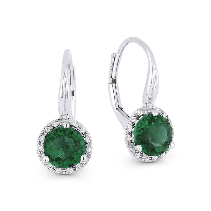 Beautiful Hand Crafted 14K White Gold 6MM Created Green Spinel And Diamond Eclectica Collection Drop Dangle Earrings With A Lever Back Closure