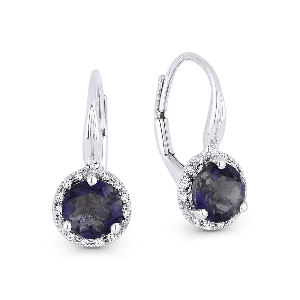Beautiful Hand Crafted 14K White Gold 6MM Iolite And Diamond Eclectica Collection Drop Dangle Earrings With A Lever Back Closure