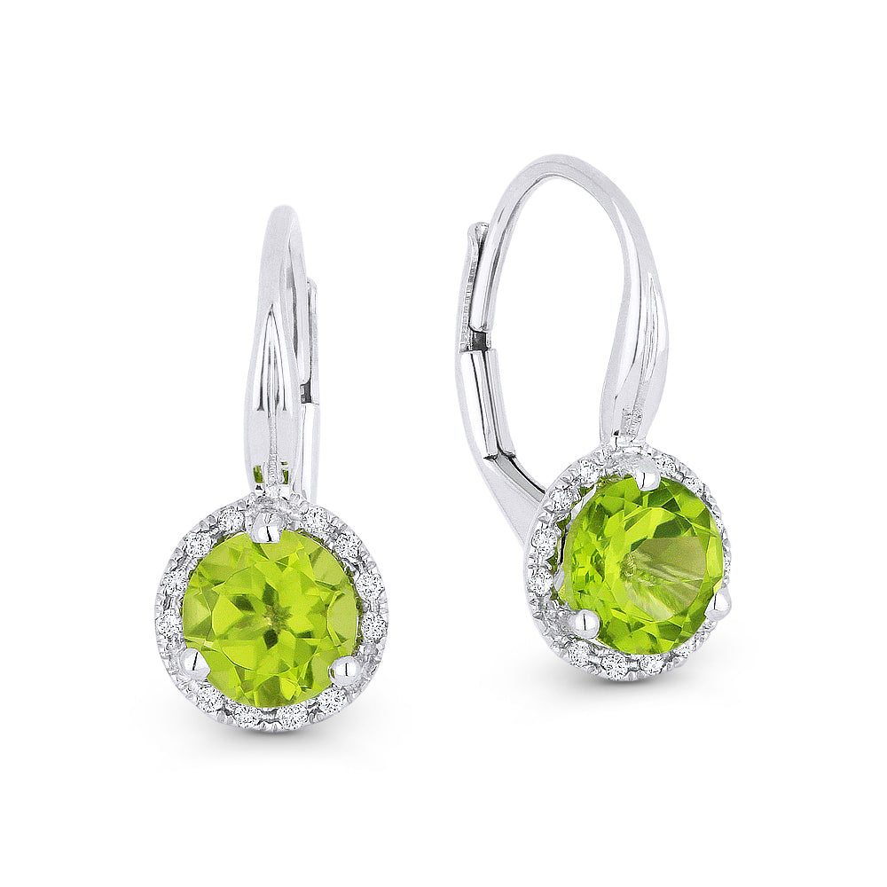 Beautiful Hand Crafted 14K White Gold 6MM Peridot And Diamond Eclectica Collection Drop Dangle Earrings With A Lever Back Closure