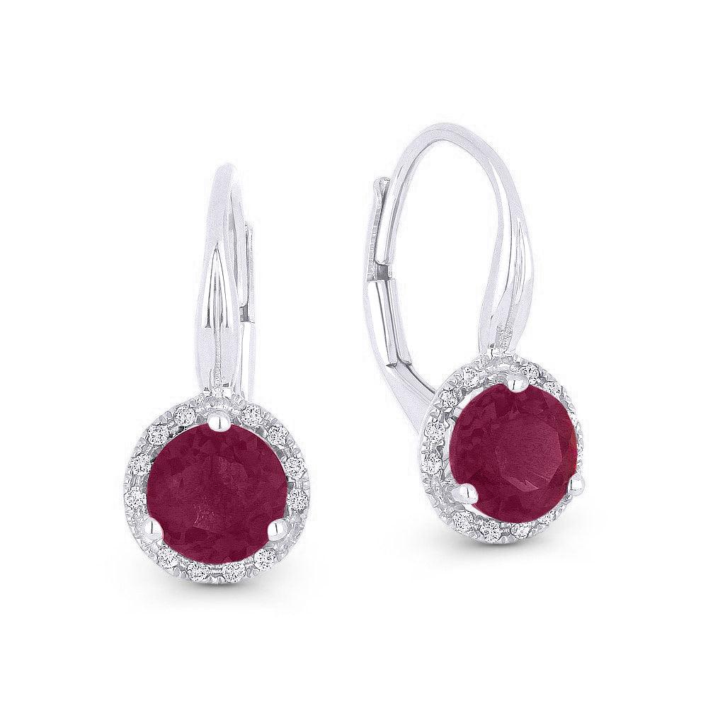 Beautiful Hand Crafted 14K White Gold 6MM Created Ruby And Diamond Eclectica Collection Drop Dangle Earrings With A Lever Back Closure