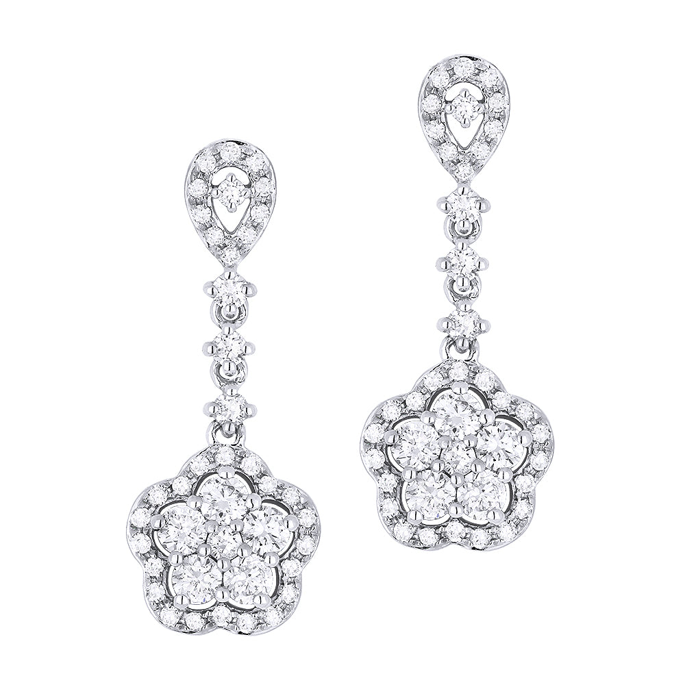 Beautiful Hand Crafted 14K White Gold White Diamond Lumina Collection Drop Dangle Earrings With A Lever Back Closure
