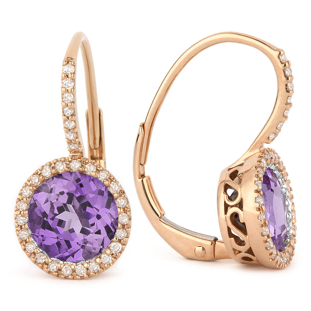 Beautiful Hand Crafted 14K Rose Gold 7MM Amethyst And Diamond Eclectica Collection Drop Dangle Earrings With A Lever Back Closure