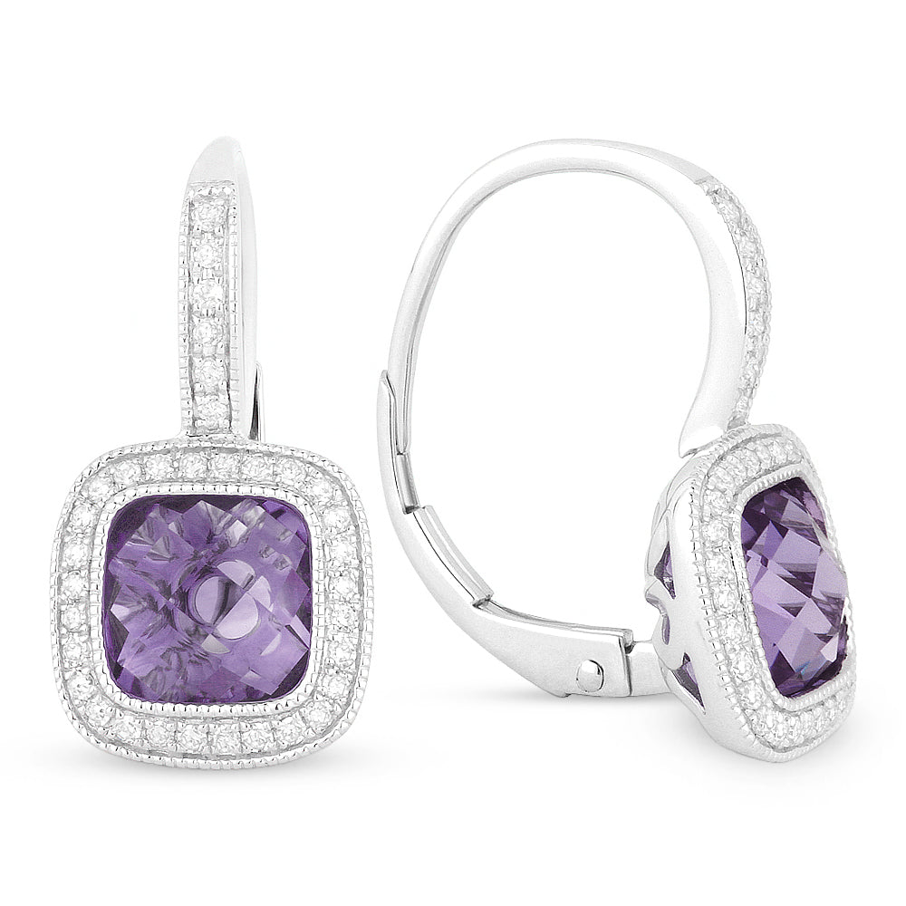 Beautiful Hand Crafted 14K White Gold 7MM Amethyst And Diamond Eclectica Collection Drop Dangle Earrings With A Lever Back Closure