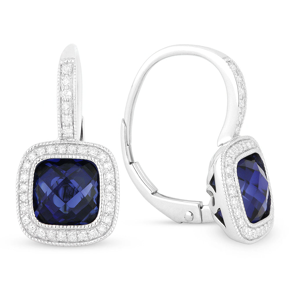 Beautiful Hand Crafted 14K White Gold 7MM Created Sapphire And Diamond Eclectica Collection Drop Dangle Earrings With A Lever Back Closure