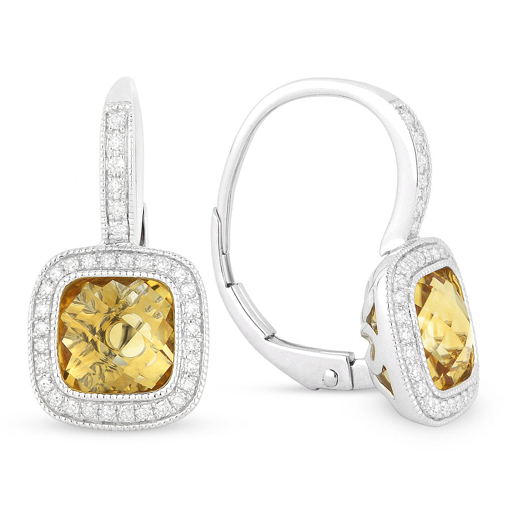 Beautiful Hand Crafted 14K White Gold 7MM Citrine And Diamond Eclectica Collection Drop Dangle Earrings With A Lever Back Closure