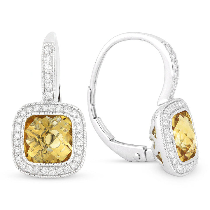 Beautiful Hand Crafted 14K White Gold 7MM Citrine And Diamond Eclectica Collection Drop Dangle Earrings With A Lever Back Closure