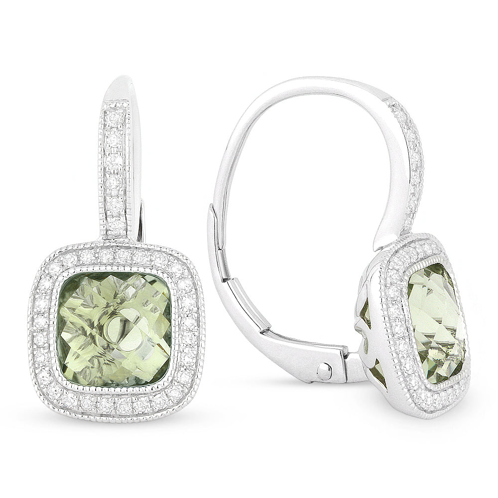 Beautiful Hand Crafted 14K White Gold 7MM Green Amethyst And Diamond Eclectica Collection Drop Dangle Earrings With A Lever Back Closure