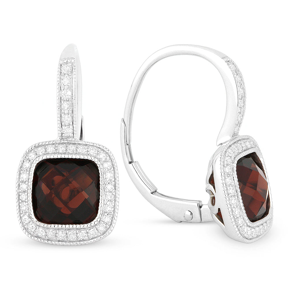 Beautiful Hand Crafted 14K White Gold 7MM Garnet And Diamond Eclectica Collection Drop Dangle Earrings With A Lever Back Closure