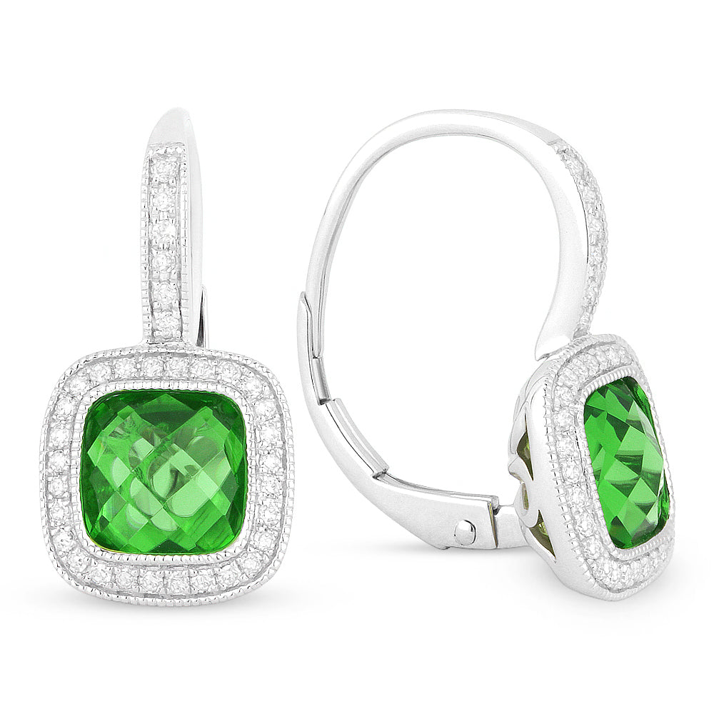 Beautiful Hand Crafted 14K White Gold 7MM Created Emerald And Diamond Eclectica Collection Drop Dangle Earrings With A Lever Back Closure