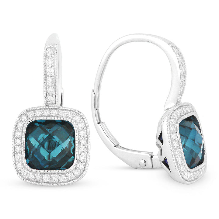 Beautiful Hand Crafted 14K White Gold 7MM London Blue Topaz And Diamond Eclectica Collection Drop Dangle Earrings With A Lever Back Closure