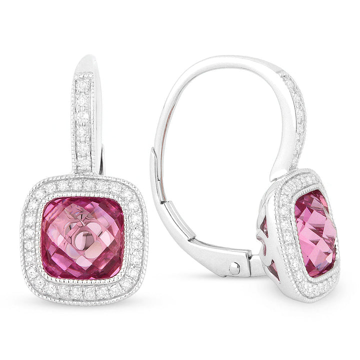 Beautiful Hand Crafted 14K White Gold 7MM Created Pink Sapphire And Diamond Eclectica Collection Drop Dangle Earrings With A Lever Back Closure