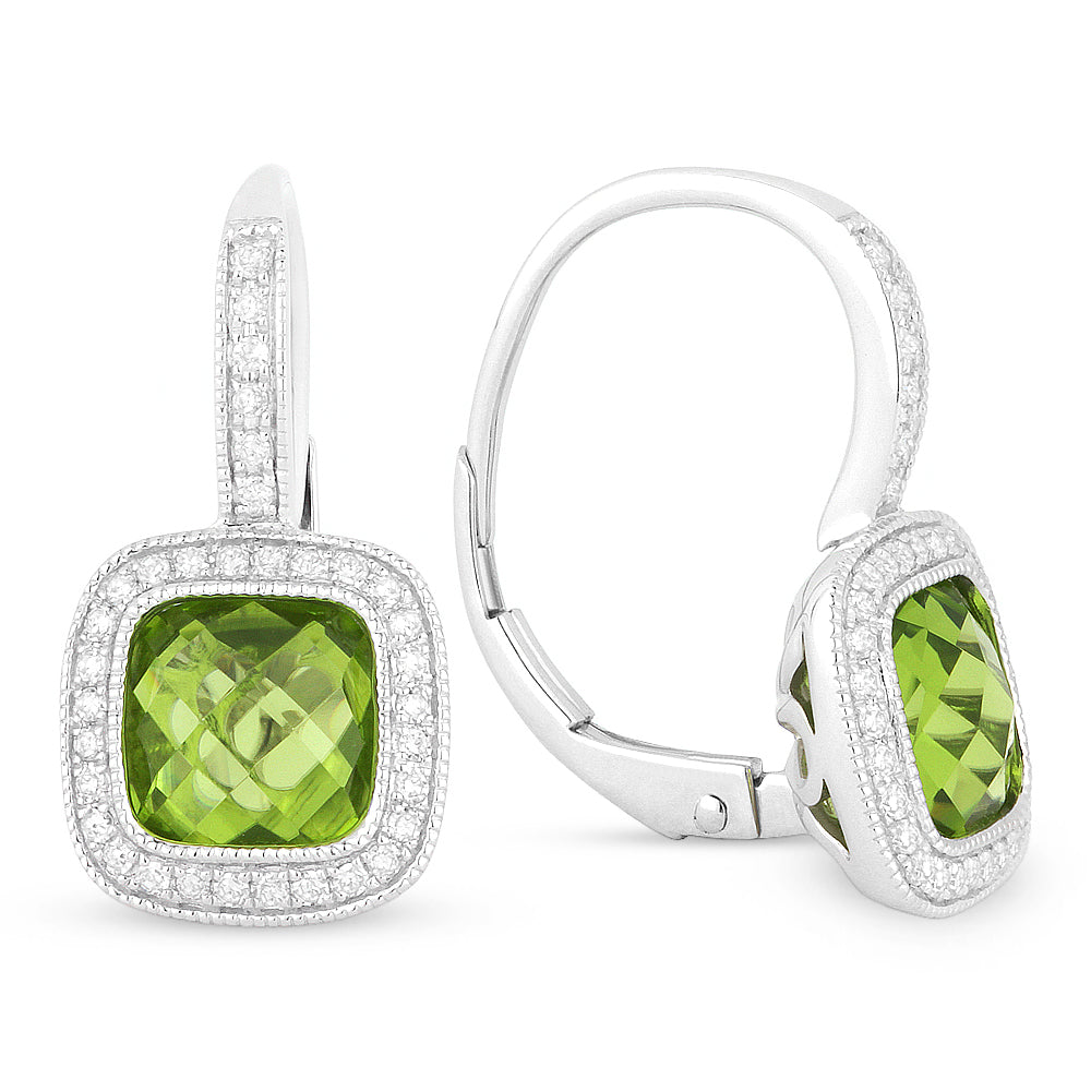 Beautiful Hand Crafted 14K White Gold 7MM Peridot And Diamond Eclectica Collection Drop Dangle Earrings With A Lever Back Closure