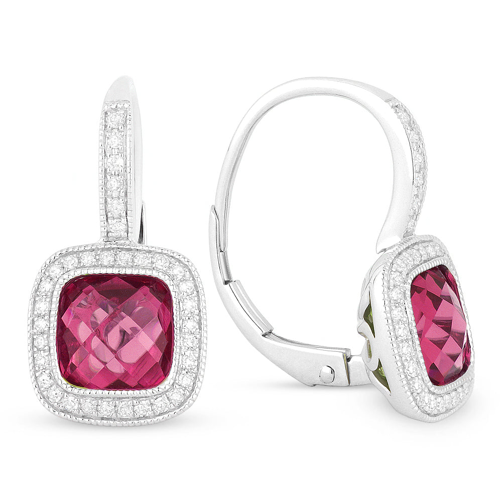Beautiful Hand Crafted 14K White Gold 7MM Created Ruby And Diamond Eclectica Collection Drop Dangle Earrings With A Lever Back Closure
