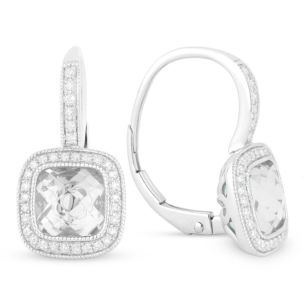 Beautiful Hand Crafted 14K White Gold 7MM White Topaz And Diamond Eclectica Collection Drop Dangle Earrings With A Lever Back Closure