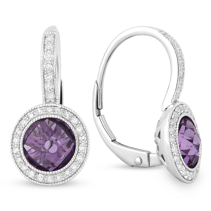 Beautiful Hand Crafted 14K White Gold  Amethyst And Diamond Eclectica Collection Drop Dangle Earrings With A Lever Back Closure