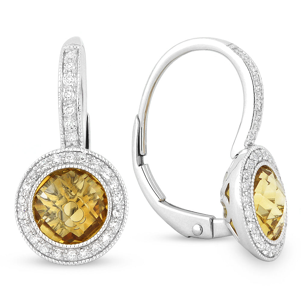 Beautiful Hand Crafted 14K White Gold  Citrine And Diamond Eclectica Collection Drop Dangle Earrings With A Lever Back Closure